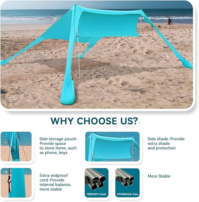 FBSPORT Beach Tent Sun Shelter Portable Beach Shade Canopy UPF50+ with Sandbags for Outdoor Family Camping Fishing Backyard Fun Picnic 7 x 7ft