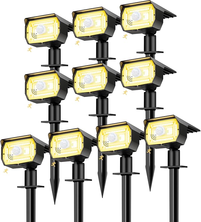 nipify 10 Pack Solar Spot Lights Outdoor Motion Sensor with 3 ModesSolar Spotlights Outdoor Waterproof 2-in-1 Auto On/Off Landscape Lighting for Outside Yard Wall Garden Pathway Warm White