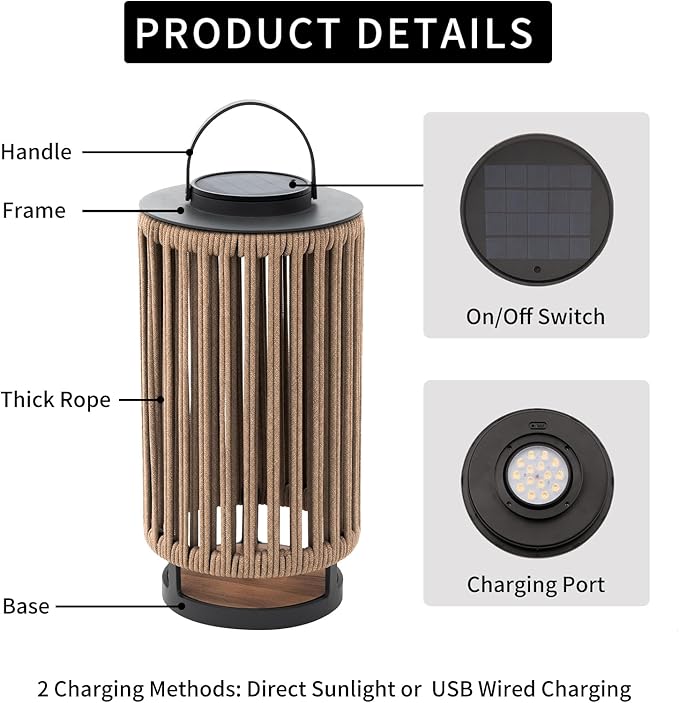 Outdoor Solar Lanterns Outdoor Hollowed-Out LED Floor Lights Aluminum Braided Rope Lantern with Handle for Patio Yard Pathway Yellow