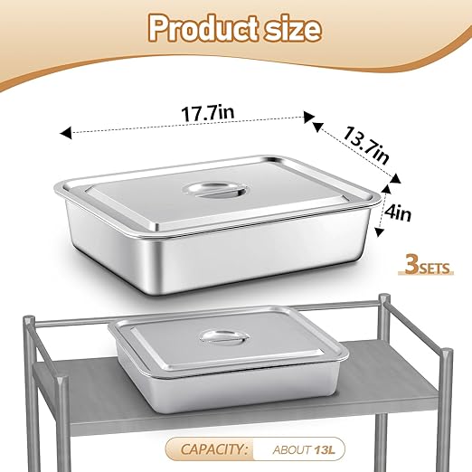 3 Pcs Stainless Steel Bus Tubs with Lid 13 L Commercial Tote Box 4 Deep Food Grade Meat Processing Tubs Lug Dishwashing Utility Prep Tub Table Pans Silver (17.7 x 13.7 Inch)