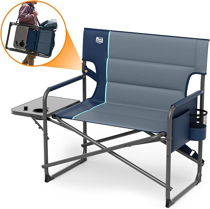 Timber Ridge XXL Extra Wide Foldable Directors Chair with Side Table 500 lbs Heavy Duty Camping Chairs for Adults Oversized Folding Lawn Chair for Lawn Beach Sports Outdoor Blue