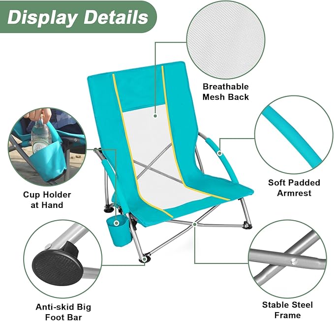 Romswi Low Beach Chairs for Adults 2 Pack Lightweight Folding Sand Chairs with Breathable Mesh Back &amp Cup Holder Portable Compact Camping Chairs 400lbs CapacityGreen