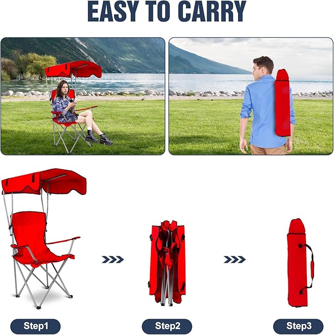 Camping Chair with Canopy Portable Outdoor Folding Beach Chairs with Cup Holder 330LBS Load Lawn Chair for Outside Fishing Beach Picnic (Red)