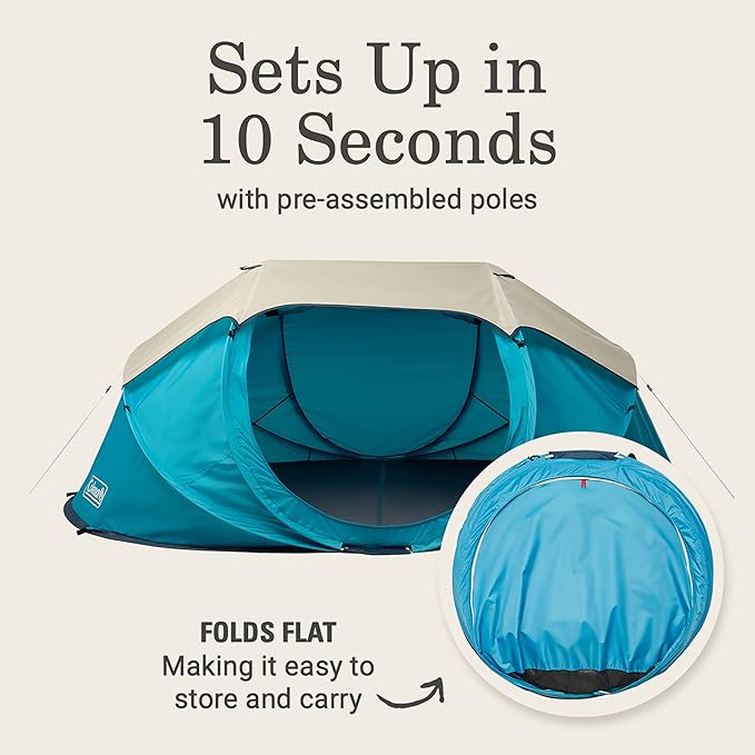 Coleman Pop-Up Instant Tent Sets Up in 10 Seconds Portable &amp Lightweight 2/4 Person Weatherproof Camping Tent with Adjustable Rainfly