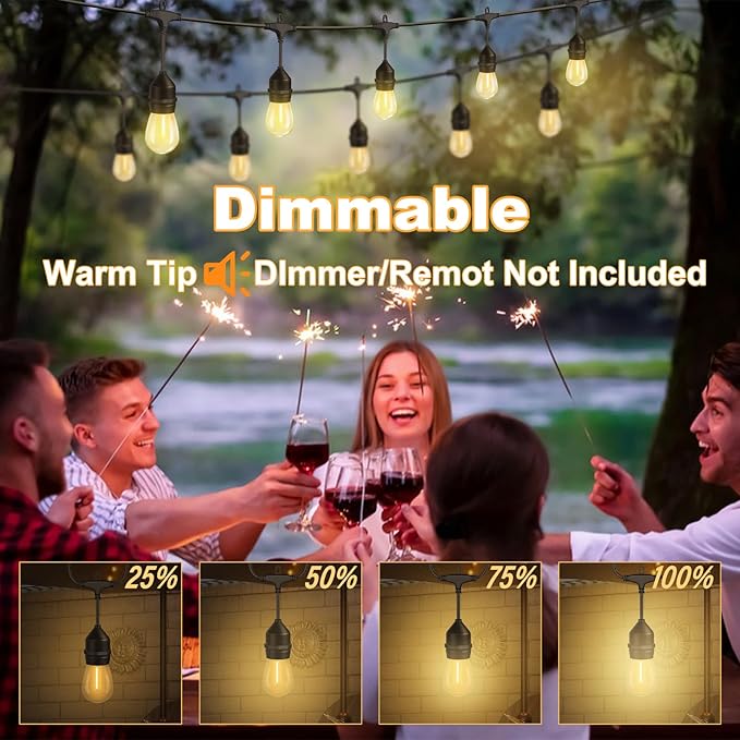 50FT LED Outdoor String Lights with 15+2 Shatterproof Bulbs IP65 Waterproof Commercial Grade Patio String Lights for Outside Porch Backyard Garden Deck Decor 2700K Dimmable