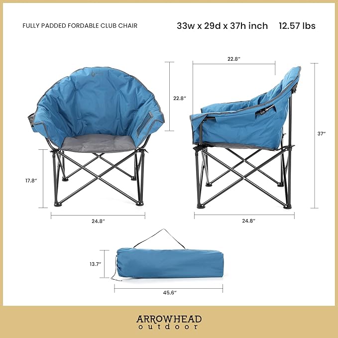 ARROWHEAD OUTDOOR Oversized Heavy-Duty Club Folding Camping Chair with Pocket Cup Holder Portable Padded Moon Round Saucer Supports 330lbs Carrying Bag