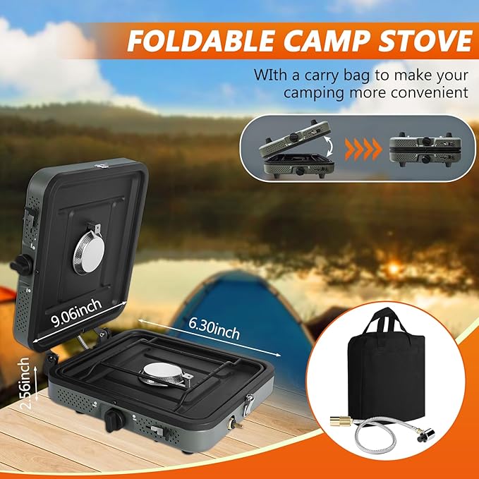 2 Burner Propane Camping Stove with Grill and Carrying Bag Portable Folding Camp Stove with 17000 BTU Adjustable Burners for Backpacking Picnics Outdoor Cooking