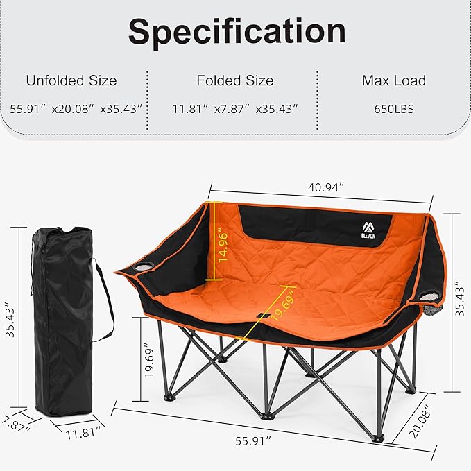 Elevon Camping Chair Oversized Loveseat Double 2 Person Outdoor Chair with Arms Cup Holder and Carry Bag Heavy-Duty Collapsible Chair for Outside Orange