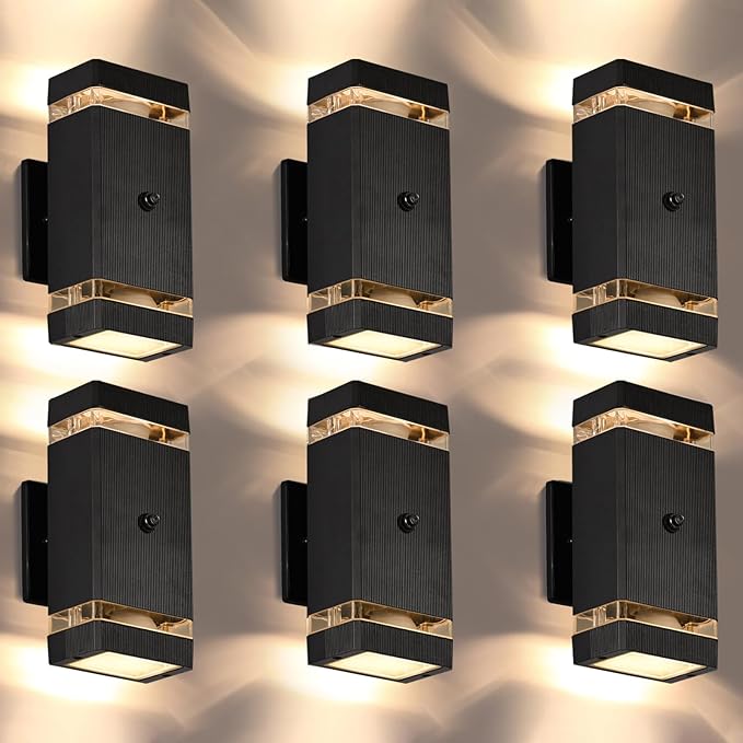 Outdoor Wall Lights 6 Packs Integrated LED Up Down Lights Modern Black Outdoor Wall Light with Dusk to Dawn Sensor Aluminum Exterior Wall Light for Porch Patio Door