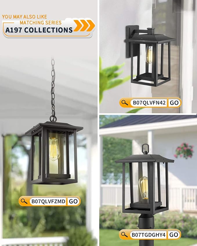 Beionxii Outdoor Light Fixture Dusk to Dawn Exterior Wall Mount Lantern Outside Lights for House Porch Patio Black Cast Aluminum w/Clear Glass (13.5 x 9) - A197W-2PK