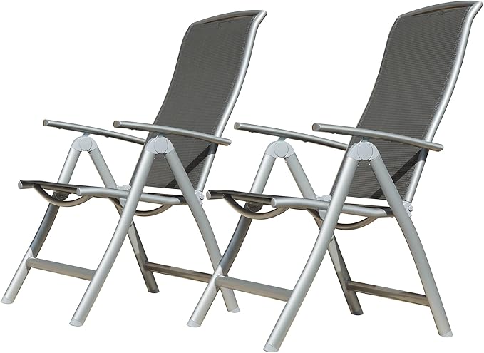 Patio Folding Chairs Set of 2 Aluminium Frame Outdoor Reclining Patio Chairs for Garden Camping Poolside Beach Deck Adjustable High Back Lawn Chairs with Textilene Fabric Seat Dark Gray