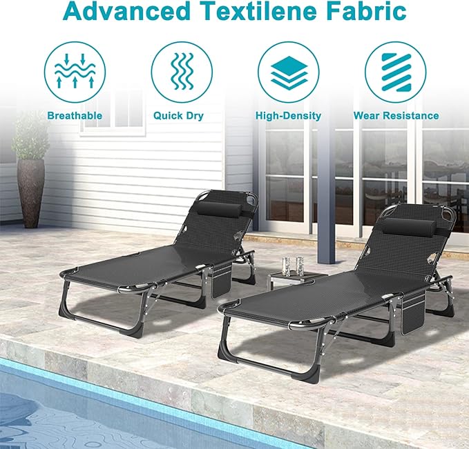 ABORON 5 Positions Camping Cots for AdultsOutdoor Folding Sleeping Cot/MatFolding Chaise Lounge Chair with PillowPortable Reclining Chair for Beach Lawn Camping PoolSunbathing Chairs