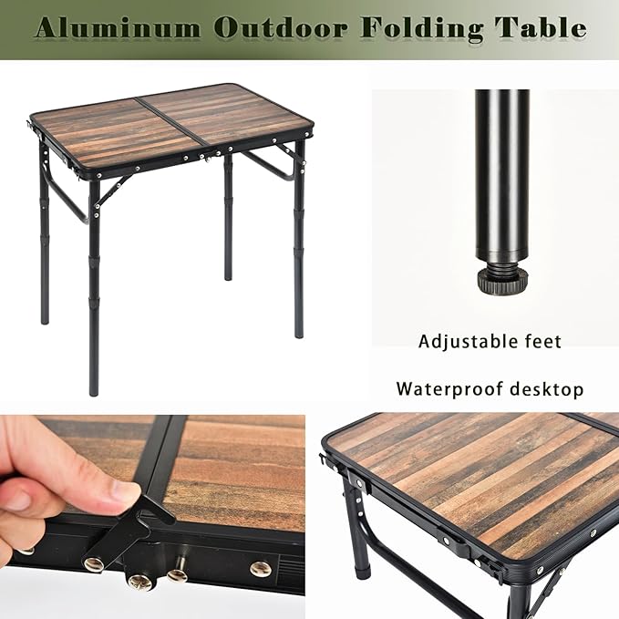 Aluminum Folding Table - Premium Portable Lightweight and Adjustable Camping Table for Outdoor Adventures Picnics and Home Use - Durable and Compact Design 2ft with Carry Handle (Wood Grain)