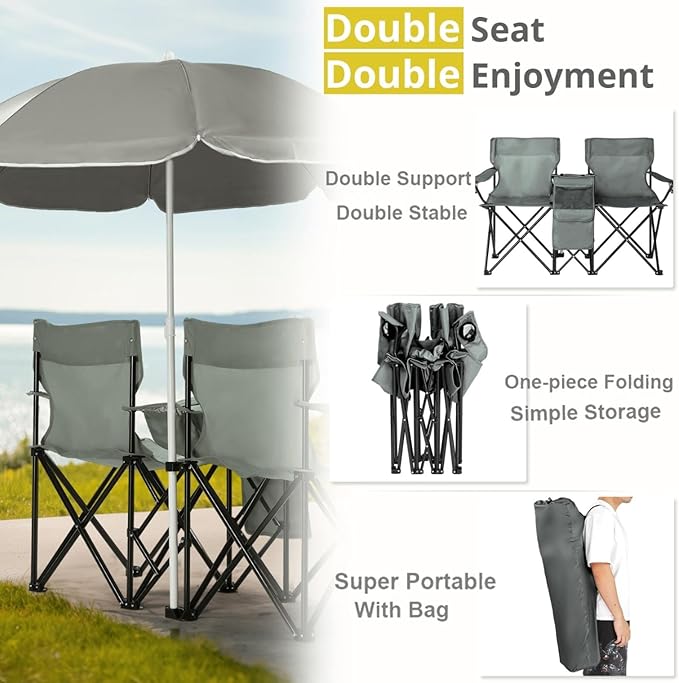 Double Camping Chair with Umbrella Portable Folding Beach Chairs Cup Holders Gray