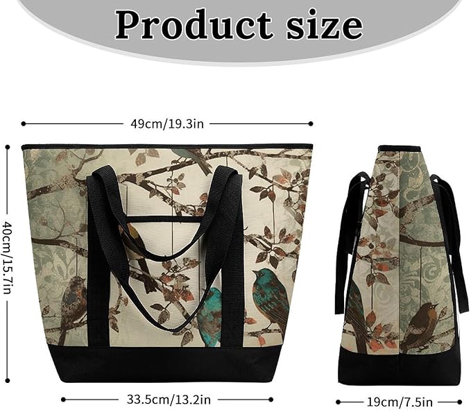 Insulated Shopping BagLarge Reusable Cooler Bags Birds on Branches Printed Foldable Shopping BagTravel Waterproof Shoulder Bag