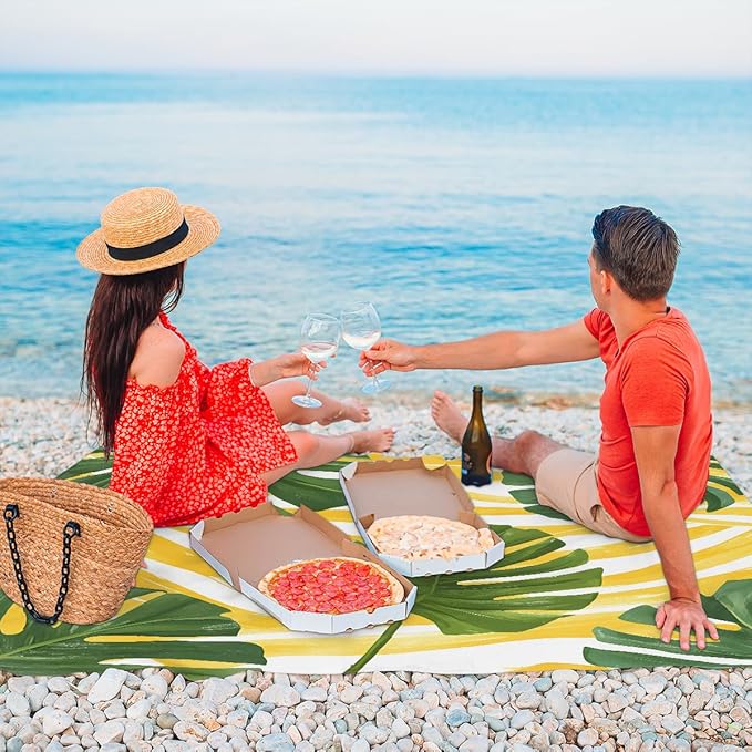 Waterproof Sandproof Beach Blanket 59''×68'' Watercolor Tropical Leaves Polyester Outdoor Picnic Blanket with 4 Stakes &amp Storage Bag for BeachCampingVacation