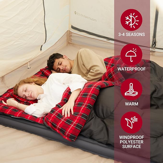 KingCamp Double Sleeping Bag for Adults Queen Size 2 Person XXL Flannel Sleeping Bag Waterproof Lightweight Flannel Quilt with 2 Pillows Perfect for Couples Family Camping Hiking