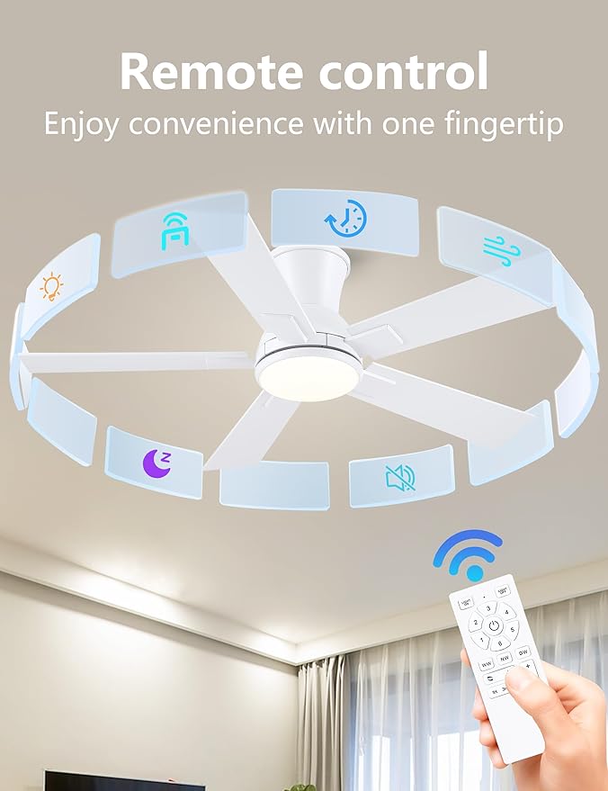Modern Ceiling Fans with Lights - 42 Low Profile Ceiling Fan with Light and Remote Flush Mount Reversible DC Motor 6-Speed Quiet LED Dimmable for Bedroom Indoor and Outdoor Patios White