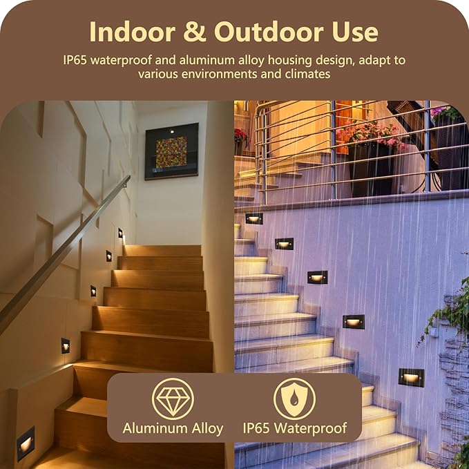 120V Dimmable 3CCT Step LightsStair OutdoorZinc Alloy/Aluminum Cover 2.5W 150LM IP65 Waterproof LED Stair Lights 2700K/3500K/5000K CRI90 Beam Angle 30° Brown 6/Pack (Brown)