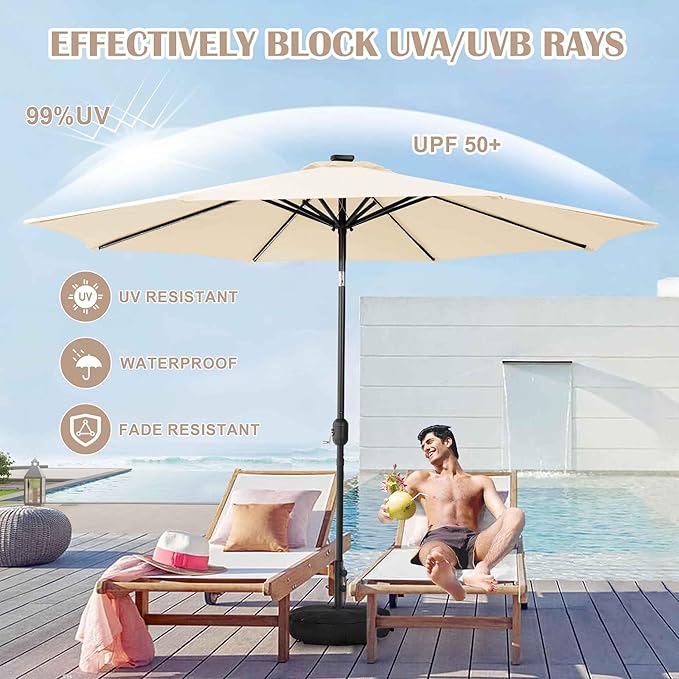 Sundale Outdoor Olefin 5-Year-Non-Fading Solar 104 LED 11FT Solar Patio Umbrella with Sand Bag Base Outdoor Umbrella with Tilt and Crank Beige