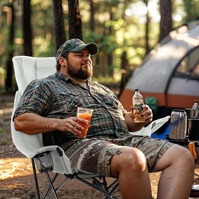 VITESSE Oversized Rocking Camping Chair Luxury Padded ReclinerOversized Folding Lawn Chair with Pocket and Carry BagOutdoor Camp Rocker Chairs for Adults Heavy Duty 300 LBS (Grey)
