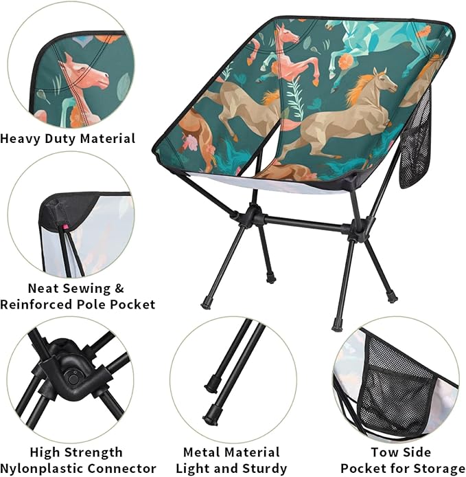 Honeybaby Folding Camping Chair Horses Flowers Print Camping Chairs Lightweight Portable Chair Outdoor Foldable Chairs for Camping Travel Picnic Beach Hiking