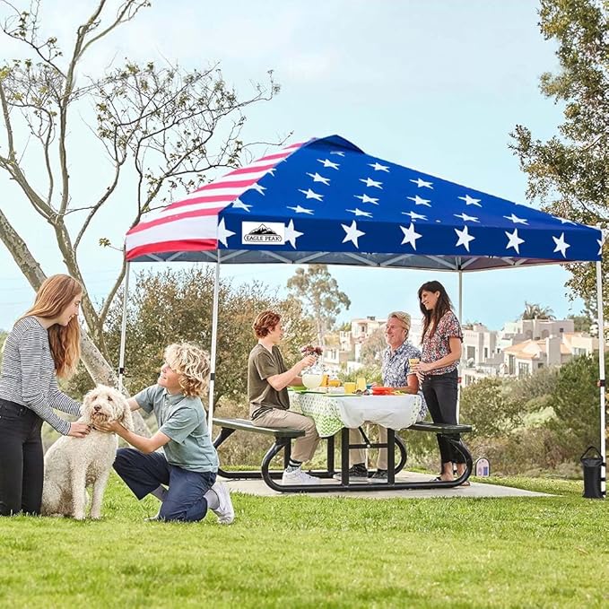 EAGLE PEAK Pop Up Canopy Tent with Wheeled Carry Bag 8 Stakes 4 Ropes 4 Weight Bags Easy Set Up Tent Canopy 10x10 ft 100sqft of Shade American Flag