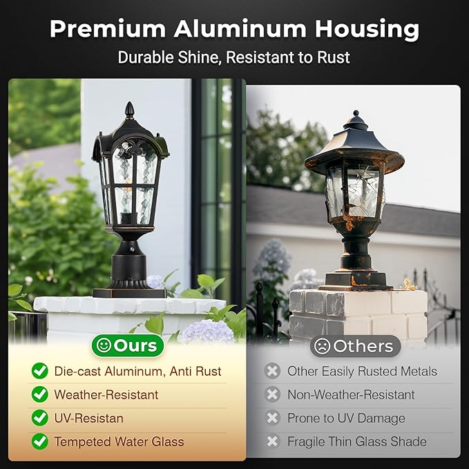 VIANIS Dusk to Dawn Outdoor Post Light Black 1-Pack Lamp Posts Outdoor Lighting with Pier Mount Base Waterproof Aluminum Outside Post Lights for Garden Patio Pathway (Hardwired 120VAC)