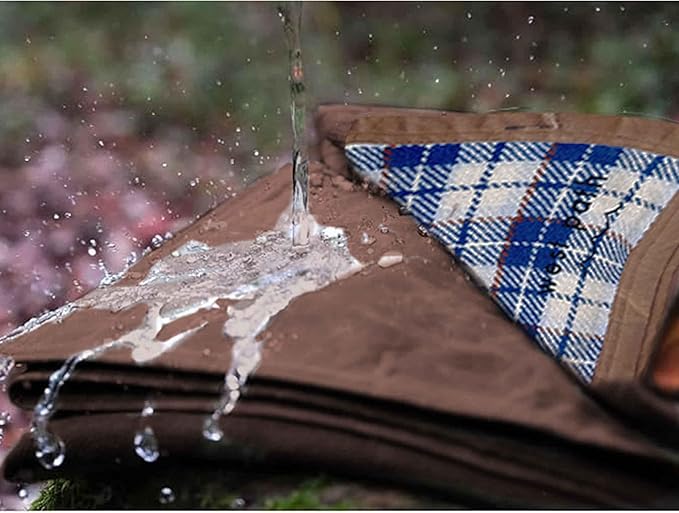 Motorcycle/Cowboy Bedroll - Waxed Canvas Blanket with Vegan Leather Strap - Pack/Blanket Roll with Waterproof Backing and Carrier (Blue/White Wool w/Strap)