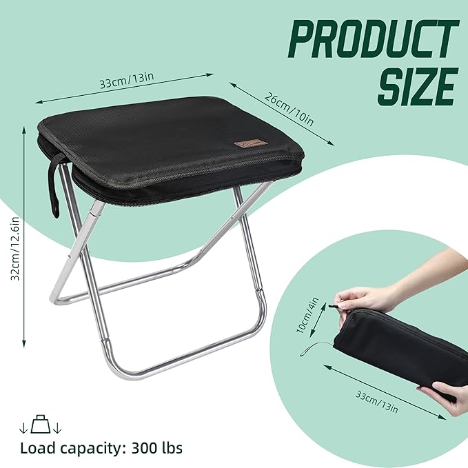 Portable Stool 13 Inch Small Folding Stool for Adults 300LBS Capacity Aluminum Alloy Folding Portable Fishing Collapsible Chair for Camping Black
