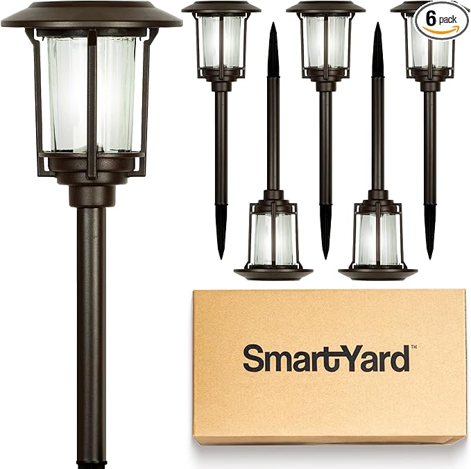 Solar Pathway Lights – Pack of 6 6 Lumens Warm White LED Bronze Finish Durable Die-Cast Aluminum &amp Stainless Steel with Glass Lens Outdoor Garden Lighting LED Solar Pathway Lights