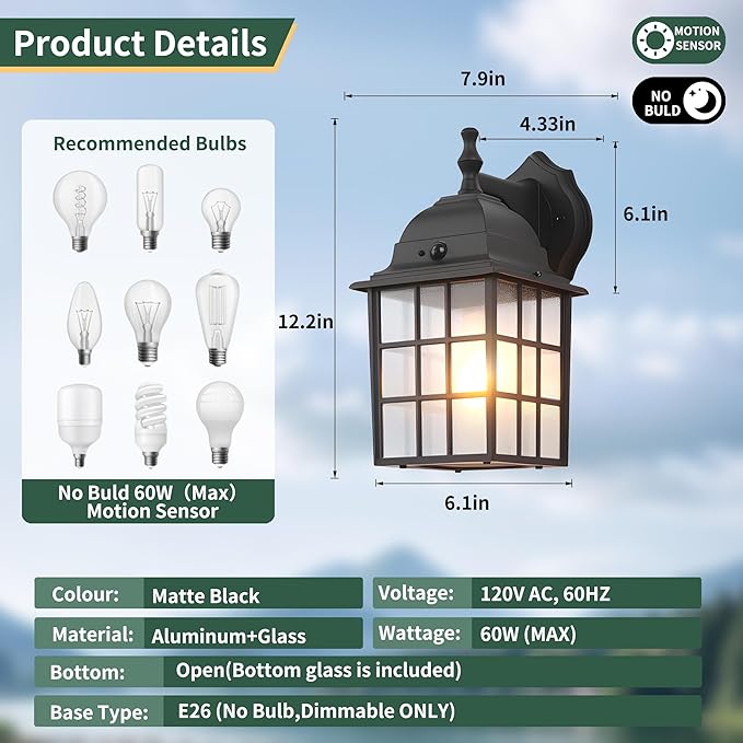 Motion Sensor Dawn to Dusk Sensor Outdoor Wall Light Fixtures Waterproof Anti-Rust Exterior Lighting Fixtures Black Outdoor Wall Lantern for Porch House