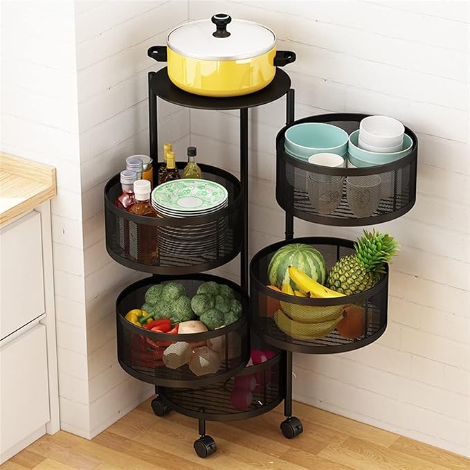 JITUIHOM Kitchen Rack Round Rotating Multi-Layer Kitchen Storage Rack Fruit and Vegetable Basket Floor-to-Ceiling(BlackSmall)