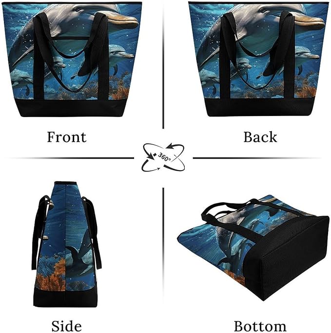 Insulated Shopping BagLarge Reusable Cooler Bags Dolphins Printed Foldable Shopping BagTravel Waterproof Shoulder Bag