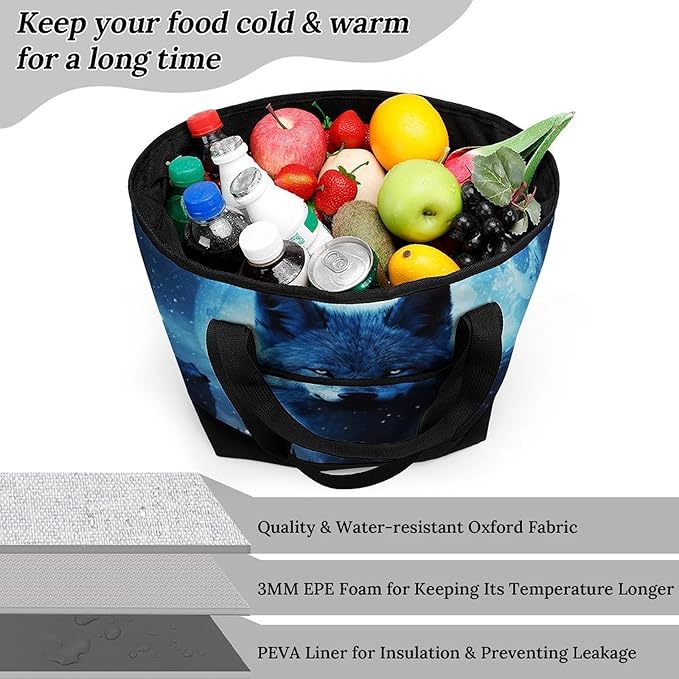 Insulated Shopping BagLarge Reusable Cooler Bags Wolfs Printed Foldable Shopping BagTravel Waterproof Shoulder Bag