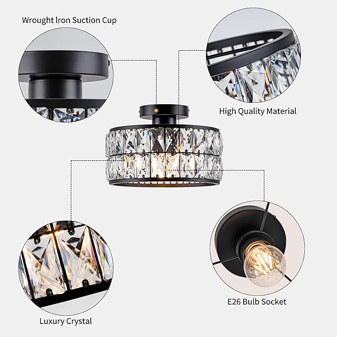 Crystal Ceiling Light Modern Flush Mount Ceiling Light Black Crystal Chandelier for Kitchen Bedroom Bathroom Entryway Hallway 1 Light
