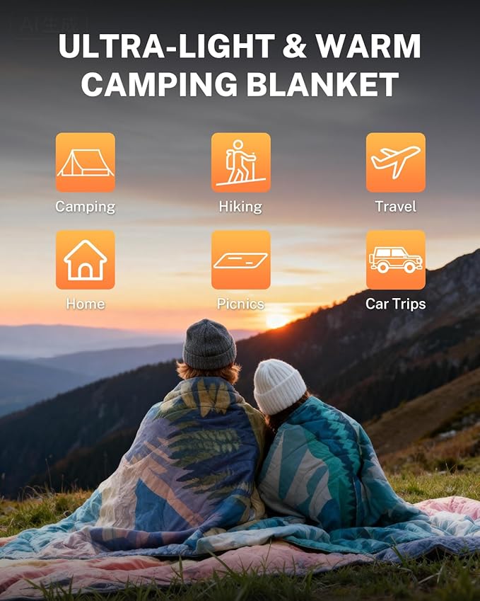 Gonex Camping Blanket with Aero-Warmth Tech Layer Puffy Printed Packable Blanket Ultralight &amp Warm Wearable Water-Resistant Quilt for Outdoor Camping Hiking Travel Picnics 79 X 55(Desert)