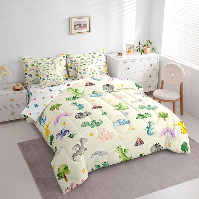 Kids Baby Dragon 7 Piece Bedding Set Twin Size Animal Comforter Set with SheetsPillowcases &amp Cushion Cover for Boys Girls Teens Bedroom Decor Cartoon Wildlife Bed in a Bag Microfiber Women Men Be