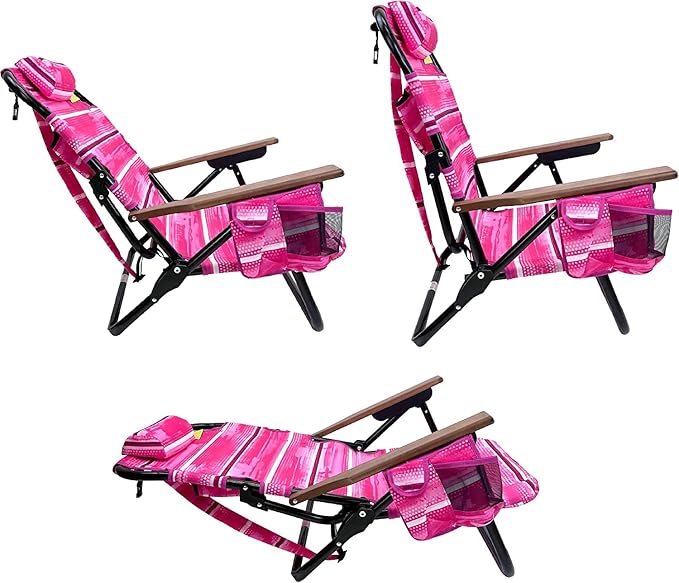 EasyGo Product Backpack Beach Chair 5 Positions and Cup Holder Pouch on Side Padded Pillow Storage Bag on Back Lightweight Rustproof Aluminum Black Frame - 2 Pack Pink