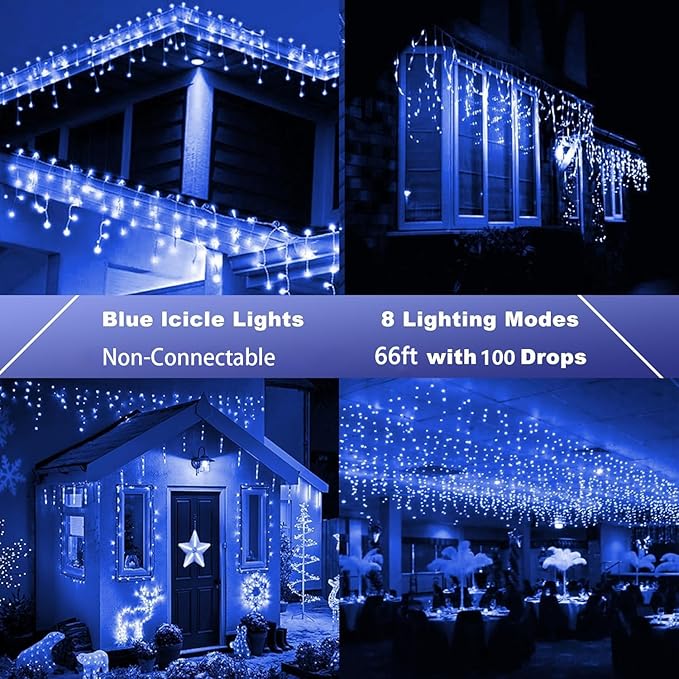 Joomer Christmas Icicle Lights - 66FT String Lights Outdoor Waterproof 8 Modes Timer Connectable Plug-in String Light for Eaves Roofs Christmas Decorations (Blue Non-Connectable)