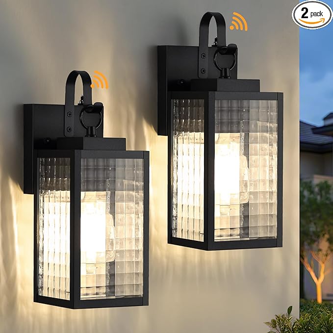 2 Pack 11.8-inch Dusk to Dawn Outdoor Wall Lights IP65 Waterproof All-Metal Frame Checkered Glass Fixtures Butterfly Wing Effect Black Outdoor Light Fixture for Front Door Porch Garage