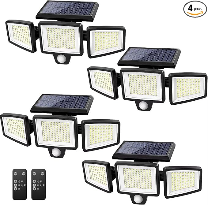 Tuffenough Solar Outdoor Lights 2500LM 210 LED Security Lights with Remote Control3 Heads Motion Sensor Lights IP65 Waterproof270° Wide Angle Flood Wall Lights with 3 Modes(4 Pack)