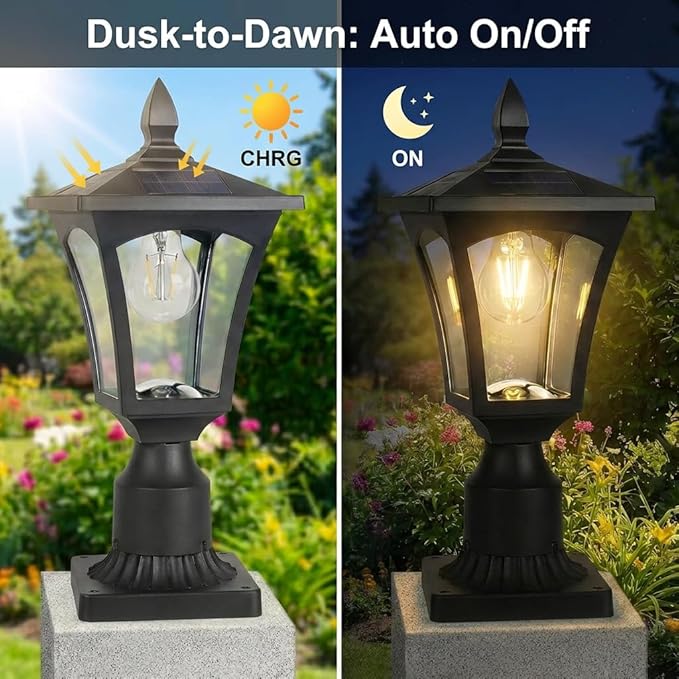 Outdoor Solar Lamp Post Light with Glass Shade &amp Pier Mount Base IP45 Waterproof Dusk to Dawn Solar Post Lantern Warm White for Garden Yard Fence Deck &amp Holiday Décor