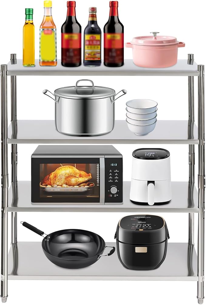 Stainless Steel Shelving 4 Tier Utility Bakers Racks Adjustable Shelf Storage Heavy Duty Shelving for Kitchen Commercial Office Garage Storage Laundry Room Organization (4-Tier 47*18.5*60in)