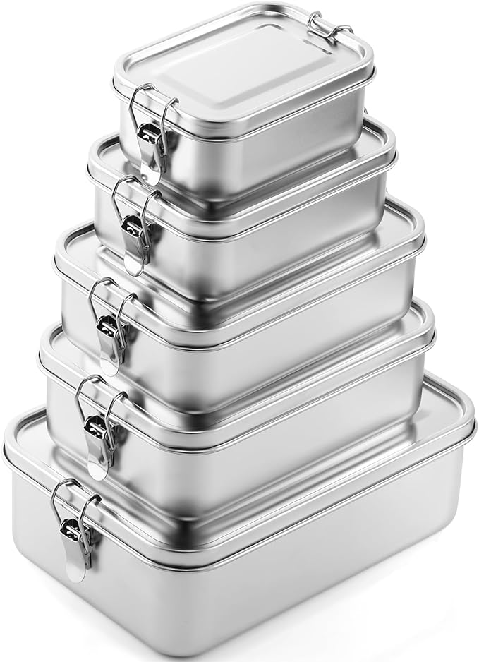 Umigy 5 Pcs Stainless Steel Food Containers 550/850/1200/1400/2400 ml Metal Bento Lunch Box Stainless Steel Food Storage Containers Lockable Clips to Leak Proof Reusable Dishwasher Snack Boxes