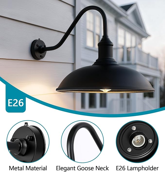 Outdoor Barn Light - 18 Inch Dusk to Dawn Large Exterior Fixture with Extended Arm Gooseneck Light - Waterproof and Rust Resistant for Farmhouse Garage Porch