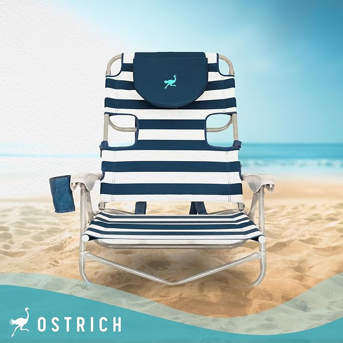 Ostrich Portable Deluxe 3-in-1 Padded Sports Chair w/5 Positions and Footrest &amp On-Your-Back Outdoor Camping Recliner w/5 Positions Blue Stripe