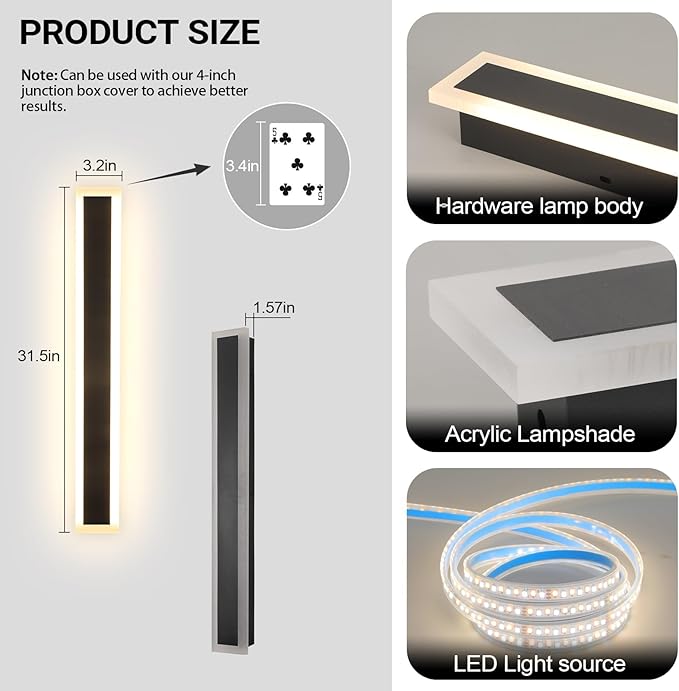 Porch Lights Outdoor 31.5 inch Outdoor Sconces Wall Lighting 3000K LED Modern IP65 Waterproof Linear Exterior Wall Light for Garage Porch Patio