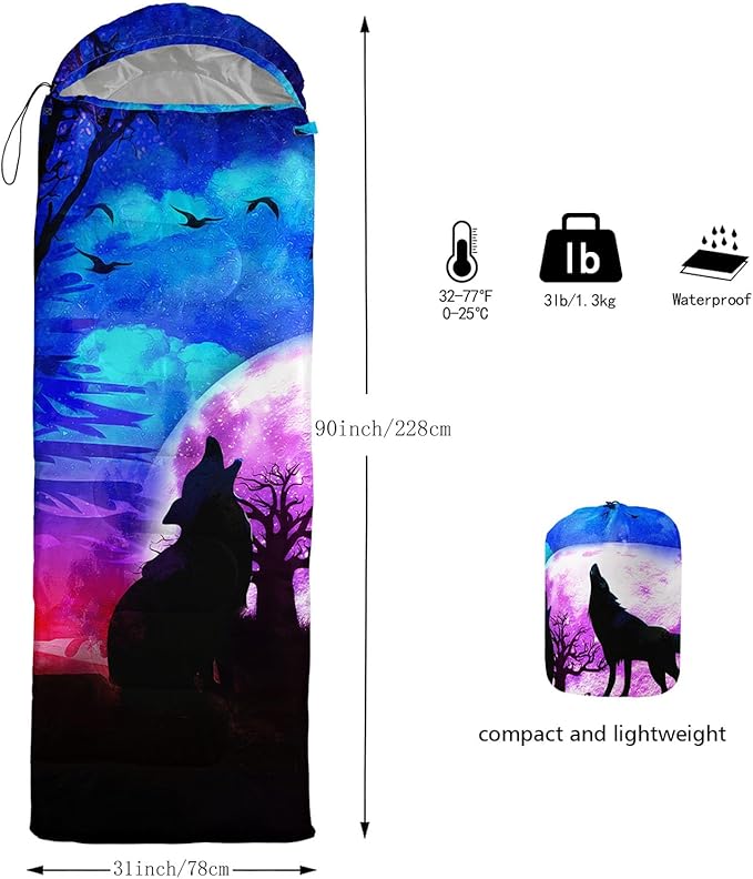 Galaxy Wolf Camping Sleeping Bags Warm &amp Cool Weather Waterproof Backpacking Blue Purple Starry Sky Sleeping Bag All Seasons Camping for Adult Kids Boy Girls Camping Gear Equipment Traveling