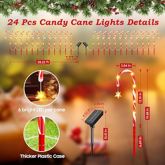 24 Pack Upgraded Solar Candy Cane Lights Outdoor Christmas Decorations Outdoor Solar Christmas Pathway Lights Waterproof with USB Charging 10 Modes for Yard Garden Lawn Path Walkway Party Xmas Decor